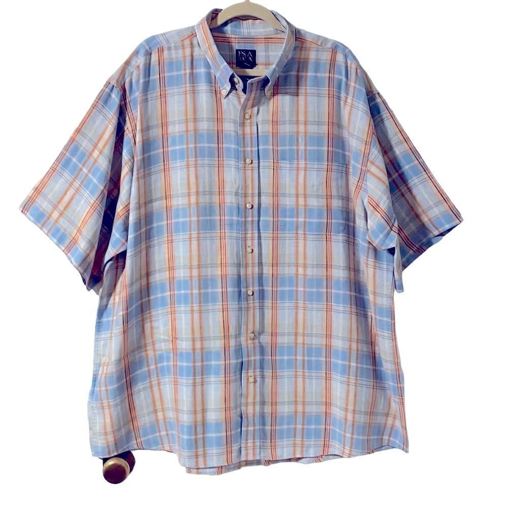Jos. A. Bank linen plaid short sleeve sportshirt blue & orange XXL